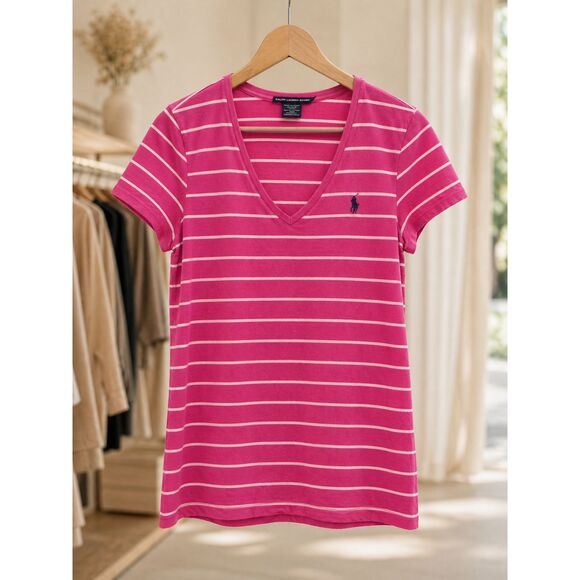 Ralph Lauren Tops - Ralph Lauren Sport Pink Striped Tee L Pima Cotton Preppy Coastal